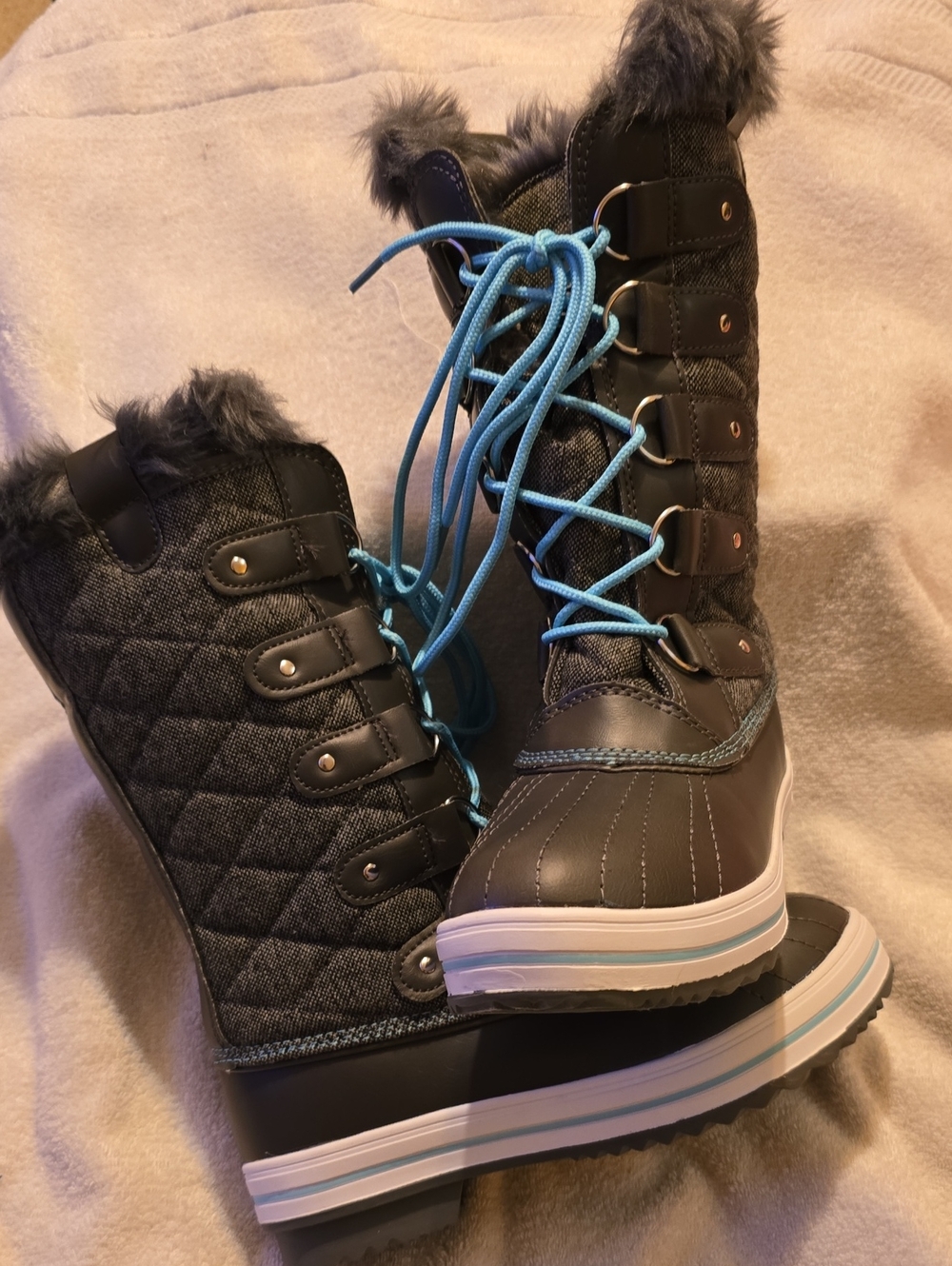 Polar Faux Fur Waterproof Quilted Winter Snow Boots Grey Blue Size 7 NWOT
